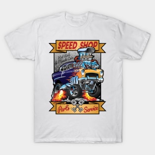 Speed Shop Hot Rod Muscle Car Parts and Service Vintage Cartoon Illustration T-Shirt